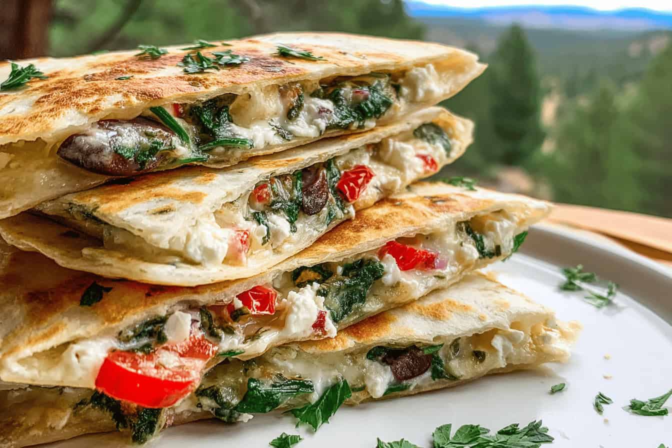 Mediterranean Quesadilla with Spinach, Olives and Feta